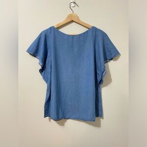 Massimo Dutti Blue Chrambray Flutter Sleeve T-Shirt Blouse Lyocell Boatneck Boxy